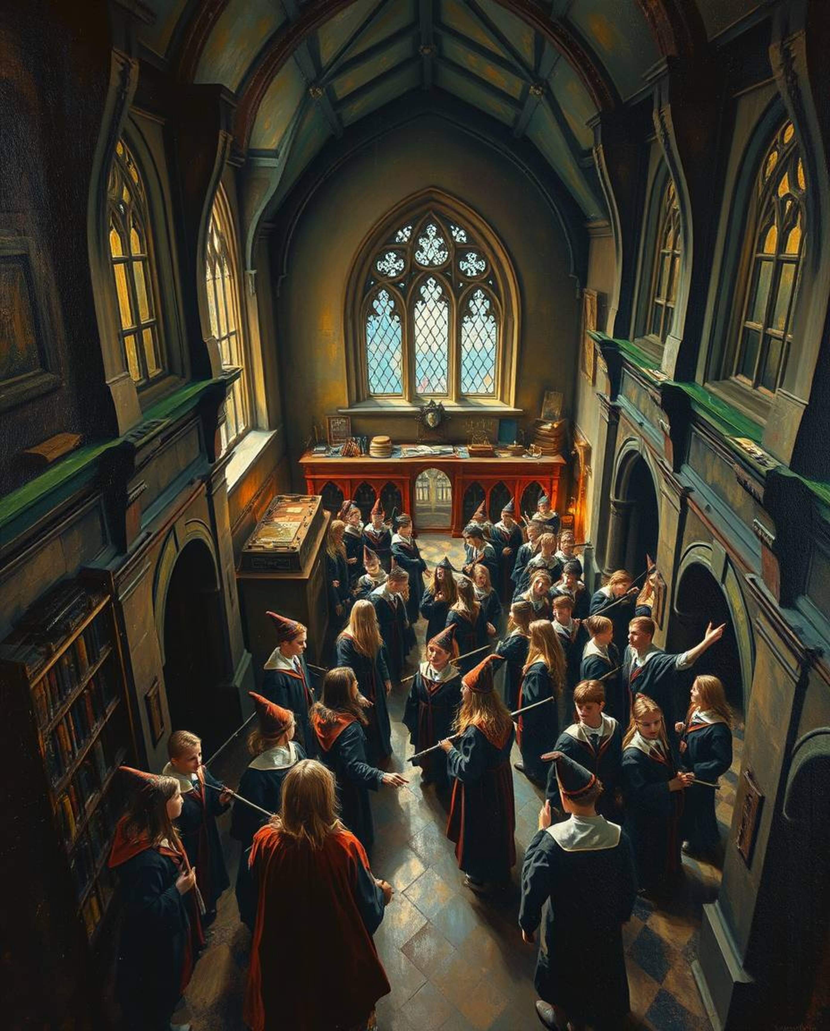 A captivating oil painting depicts a magical school teeming with young wizards, rendered from a high-angle perspective that o