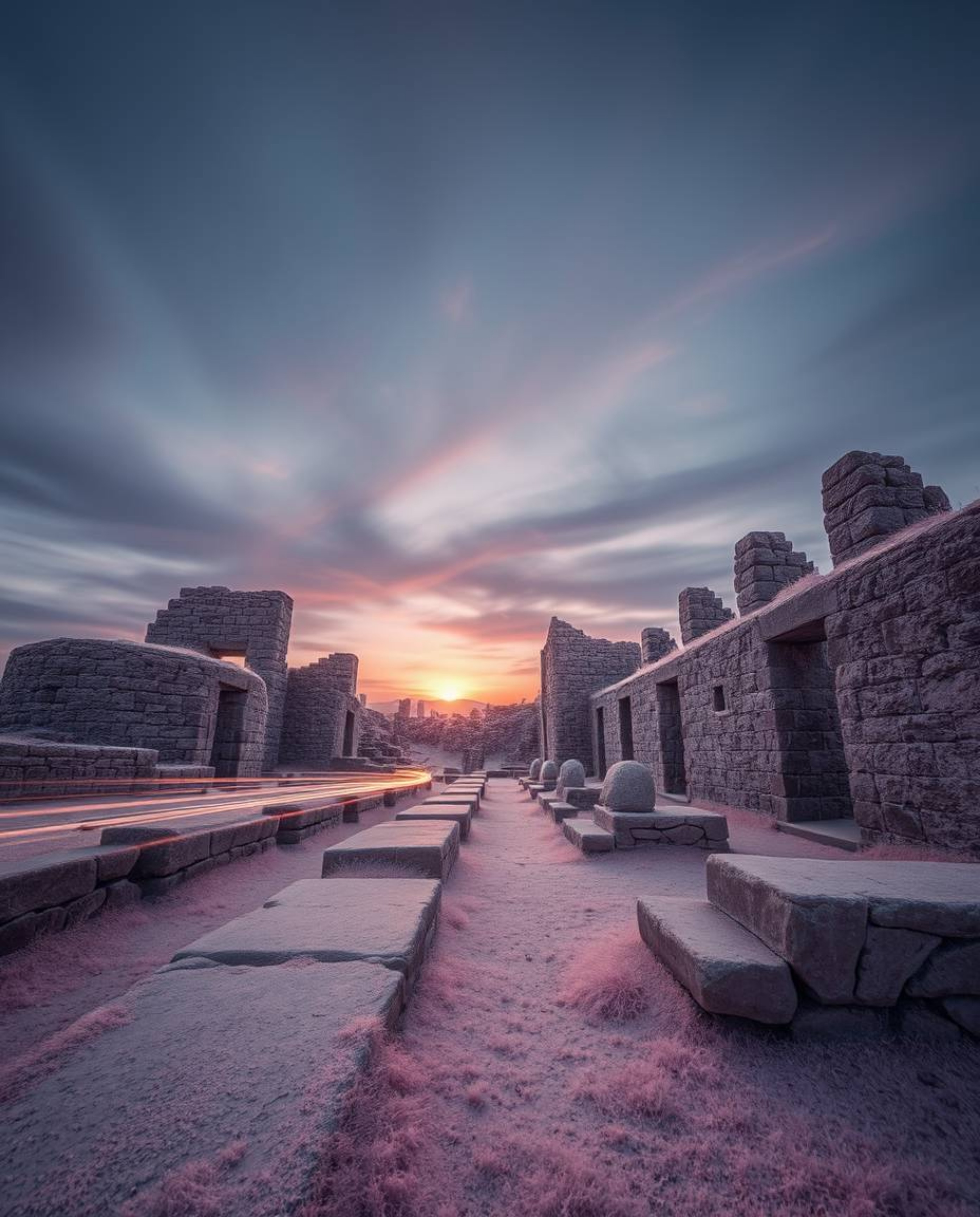 Long-exposure infrared photography captures ancient stone ruins at sunset. The use of surreal infrared tones creates an other