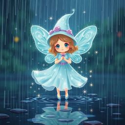 Discover a captivating image of an adorable fairy godmother emerging from a swirl of sparkles amidst a charming wet, rainy sc