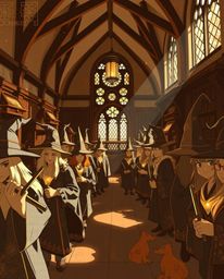 Discover a captivating portrayal of a magical school brimming with young wizards. This artwork employs creative light art, ut