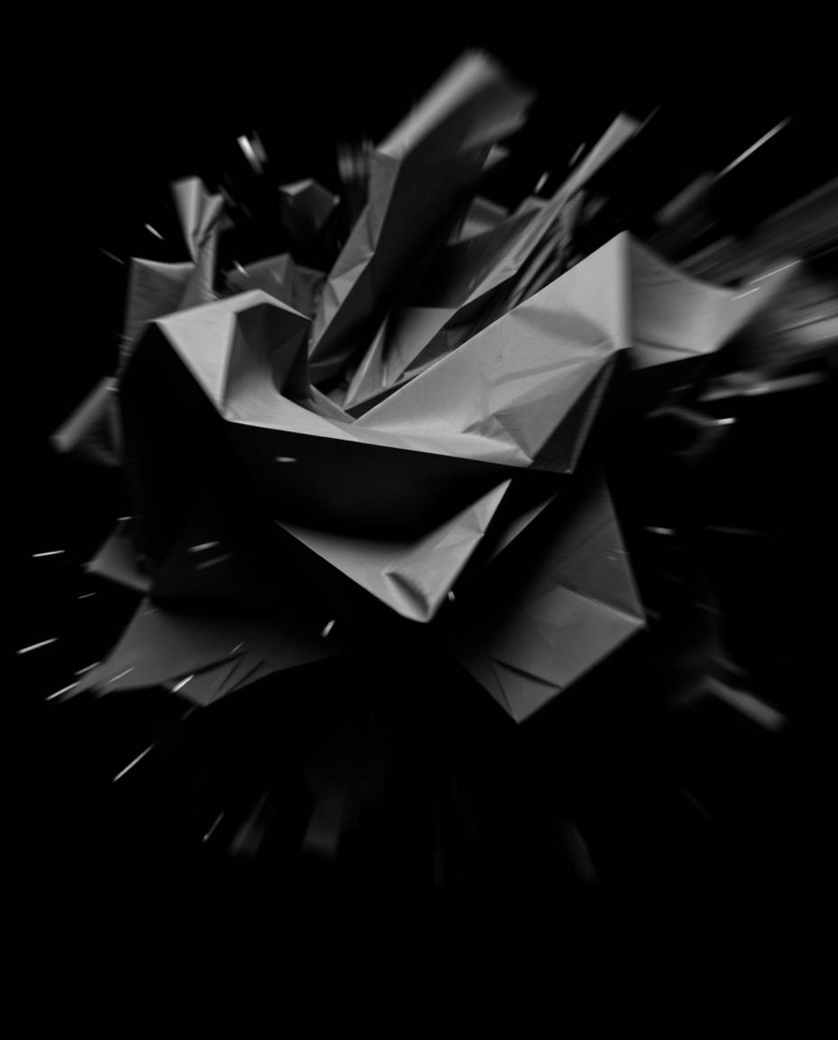 A striking monochrome image capturing intense dynamic motion through a 3D geometric pattern reminiscent of folded paper. The 