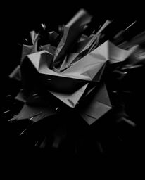 A striking monochrome image capturing intense dynamic motion through a 3D geometric pattern reminiscent of folded paper. The 