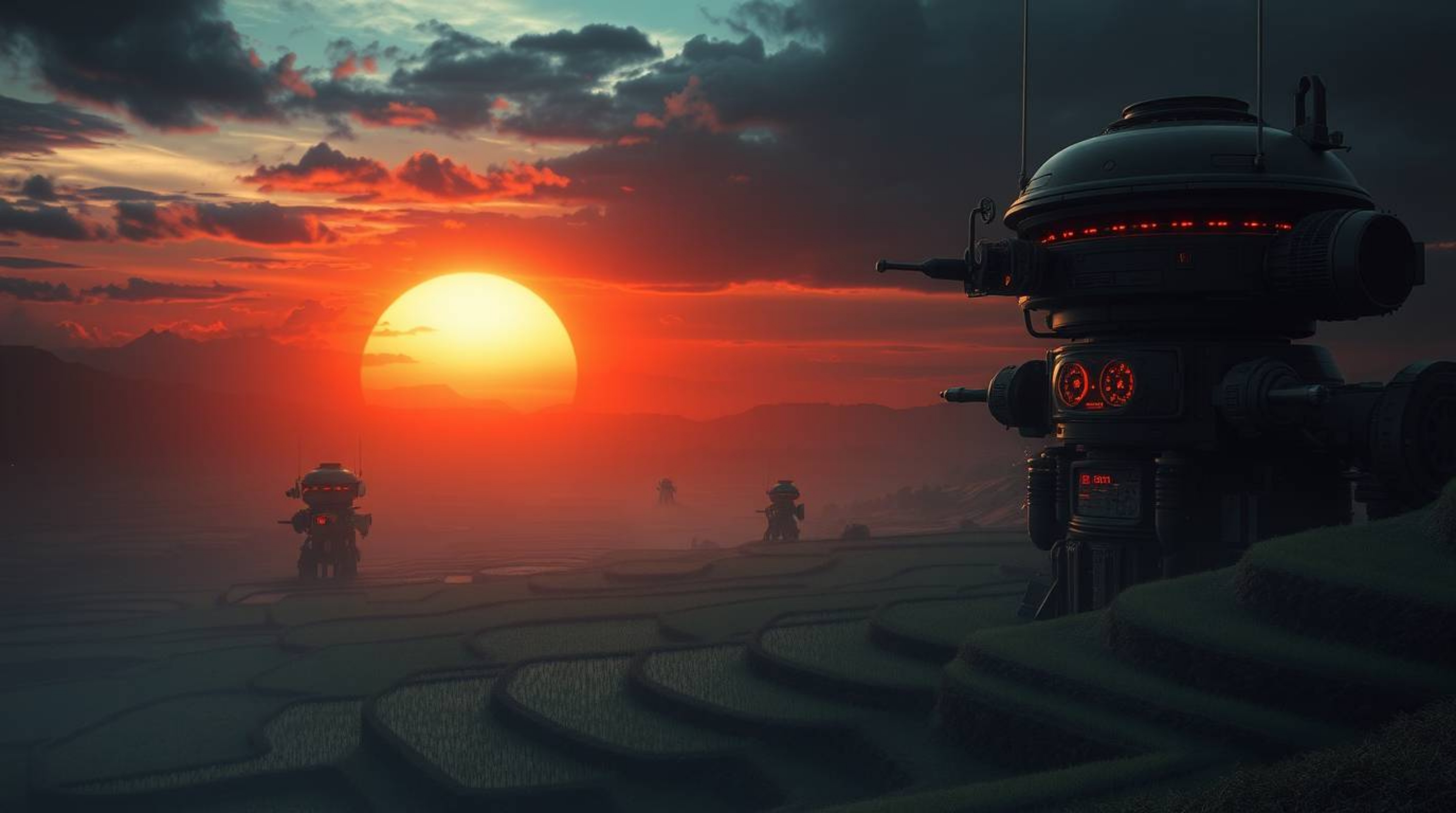 Experience an eerie futuristic sunset over cascading rice terraces, a blend of nature's beauty and unsettling technological a