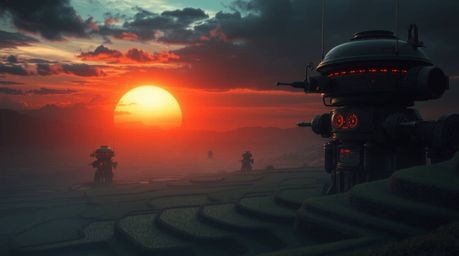 Experience an eerie futuristic sunset over cascading rice terraces, a blend of nature's beauty and unsettling technological a