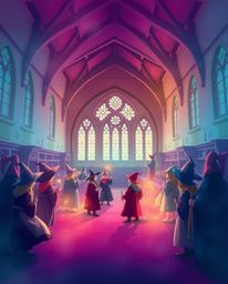 Discover a magical school brimming with young wizards, rendered in a dreamlike composition.  Enjoy smooth color gradients, se