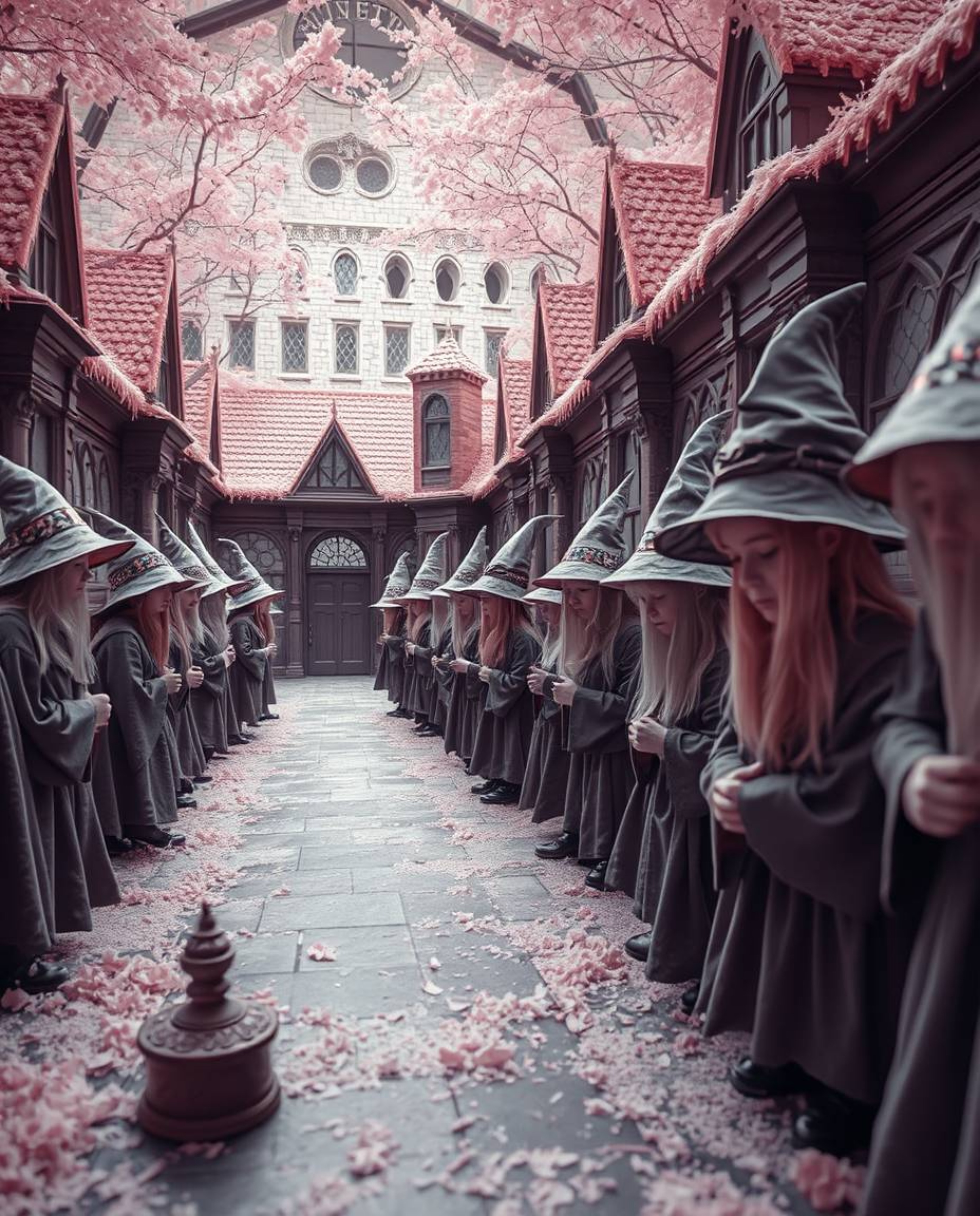 Immerse yourself in a surreal infrared close-up of a magical school brimming with young wizards. This captivating image empha
