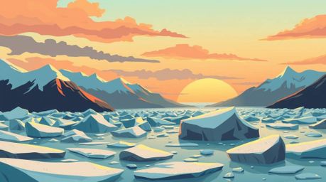 This artwork showcases an adorable and cute illustration of a captivating sunset painting over icy polar glaciers, utilizing 