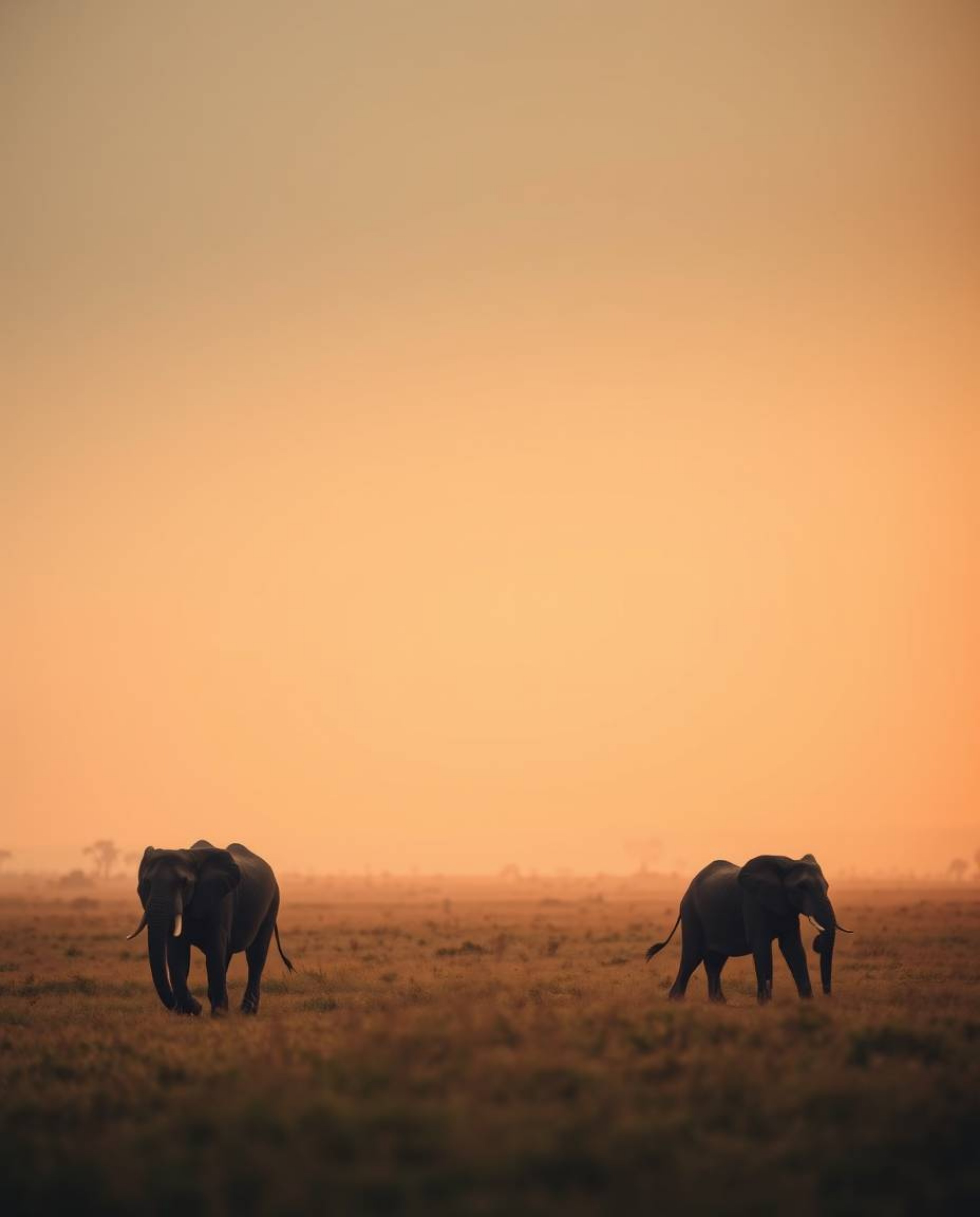 This photograph captures elephants walking across a field at sunset, enveloped in a soft cinematic haze. The use of soft focu