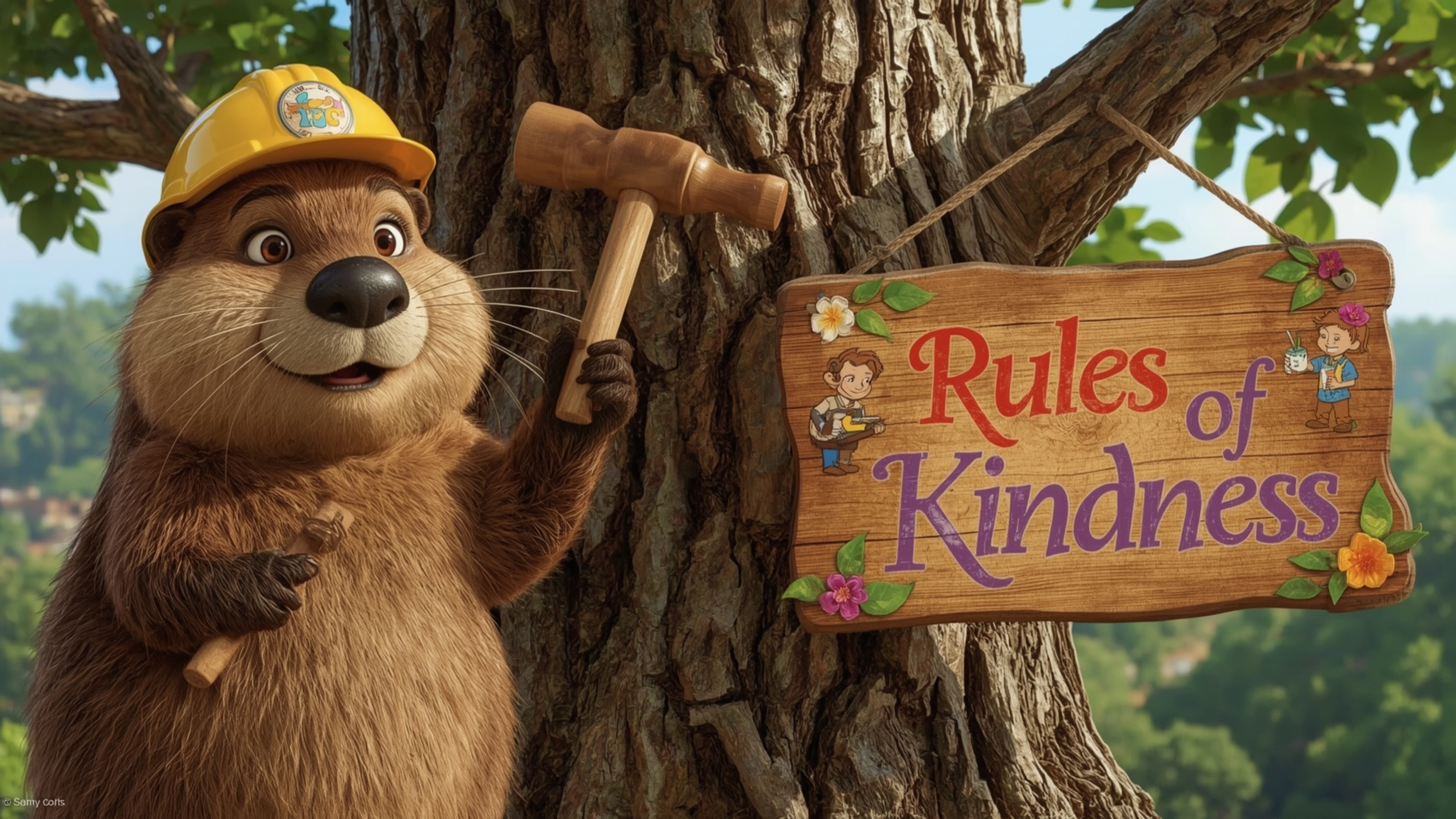 A highly detailed, high-resolution stock photo captures a lovable, Pixar-inspired beaver with a warm smile and a tiny carpent