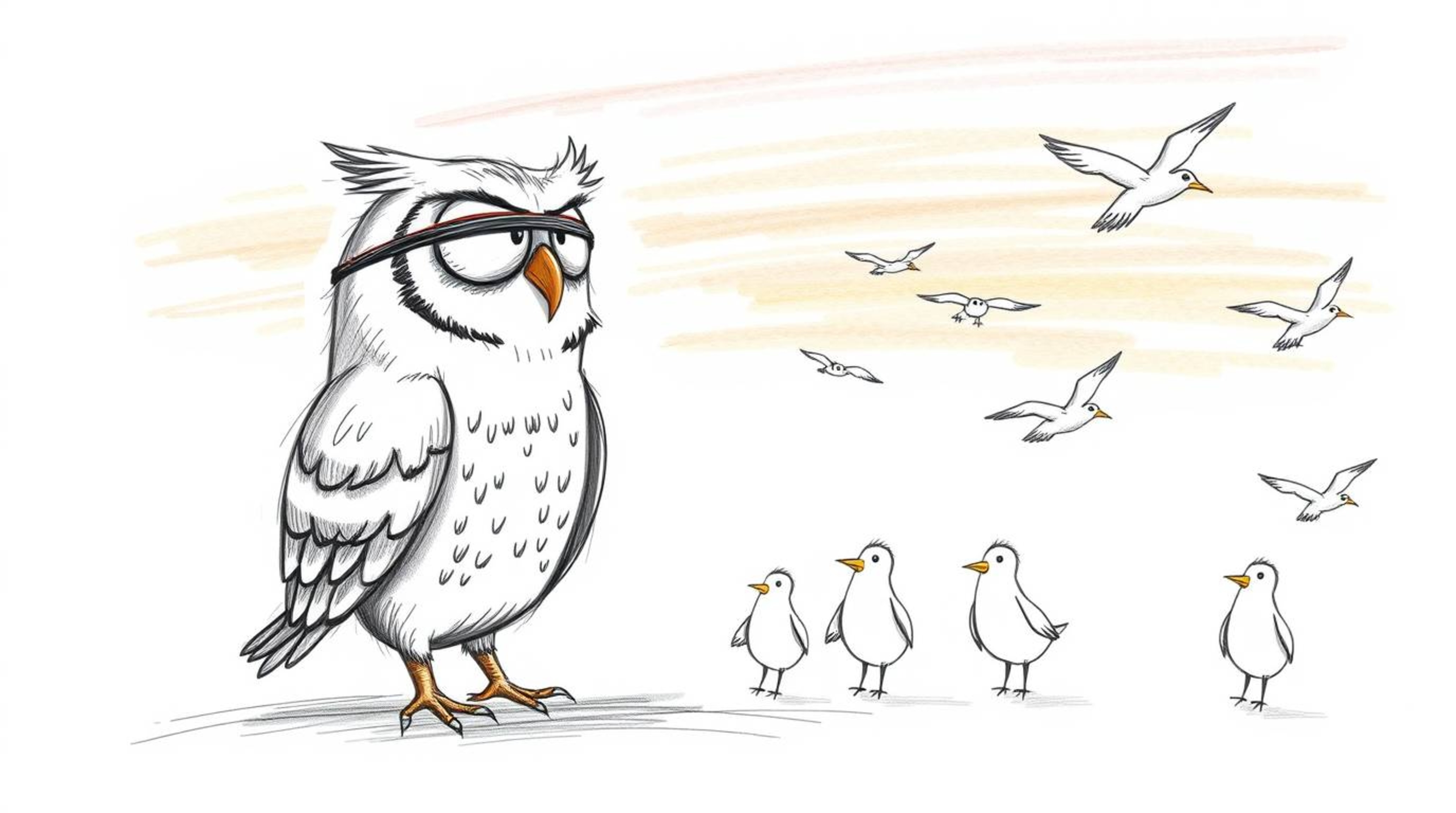 A heartwarming hand-drawn sketch in the style of Pixar, depicting a blind owl with gentle features teaching a classroom of fl