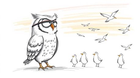 A heartwarming hand-drawn sketch in the style of Pixar, depicting a blind owl with gentle features teaching a classroom of fl