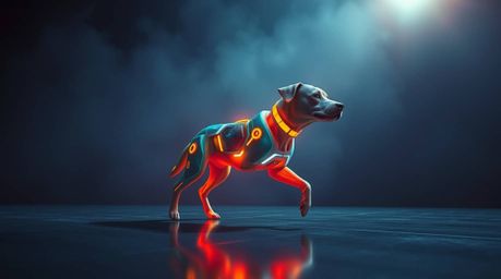 Imagine a scene straight out of a sci-fi dream: a futuristic dog confidently walking itself through the vast expanse of space