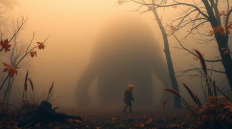 A heartwarming scene unfolds as warm autumn colors and thick fog surround a monster and a child, creating an earthy and cozy 