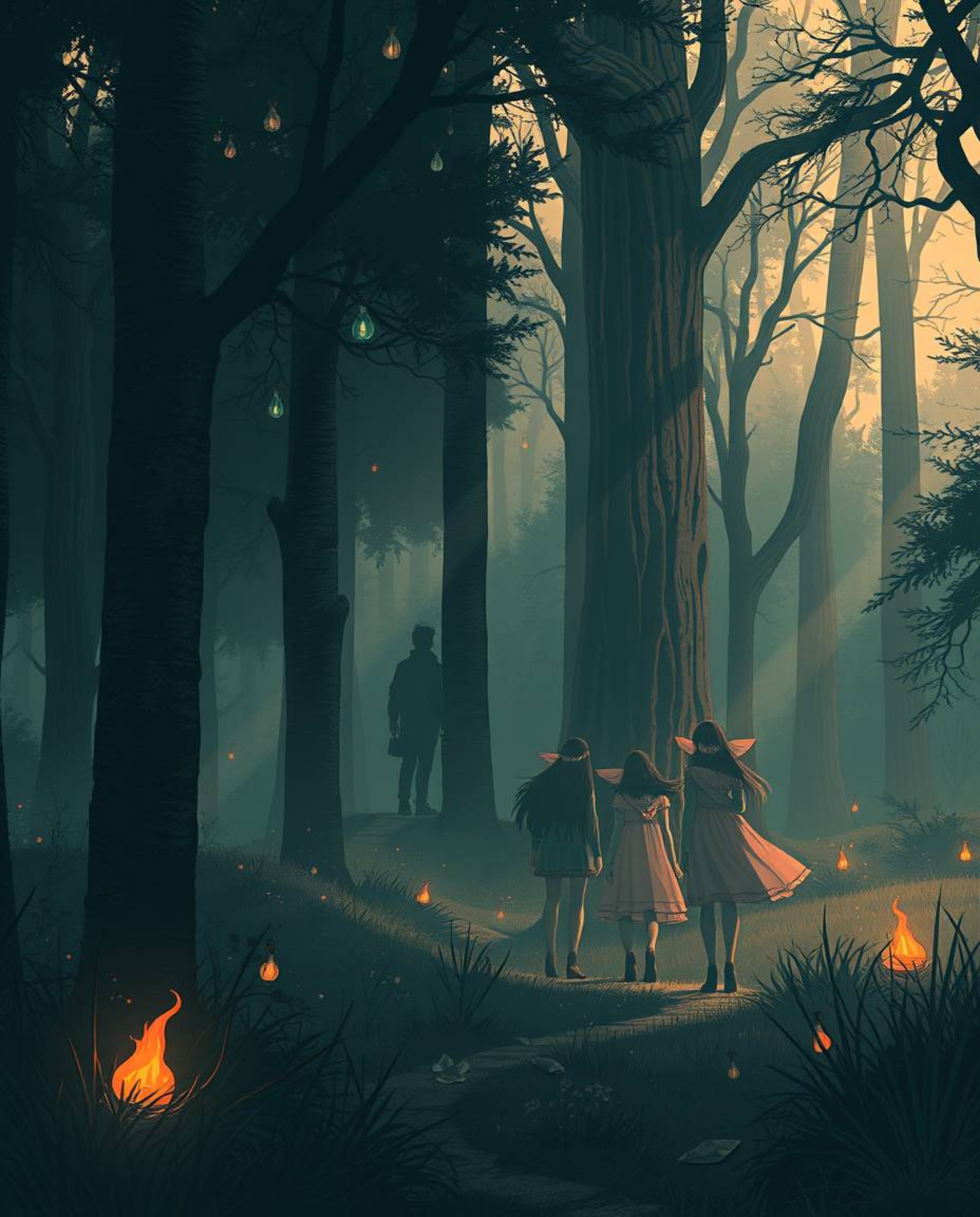 Immerse yourself in a dreamlike illustration featuring a group of friends with unique powers exploring an enchanting forest. 