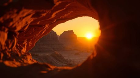 Capture the mesmerizing beauty of a desert sunset through a natural rock arch. This close-up photography showcases a warm, go