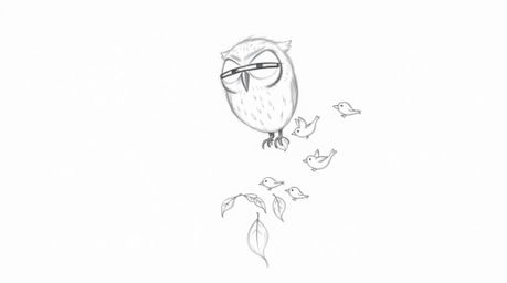 A heartwarming hand-drawn sketch inspired by Pixar, showcasing a wise, blind owl with delicate downy feathers and subtly wrin