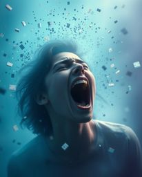 A striking image of a person screaming as their surroundings dissolve into pixels, creating a hazy and dreamlike atmosphere. 