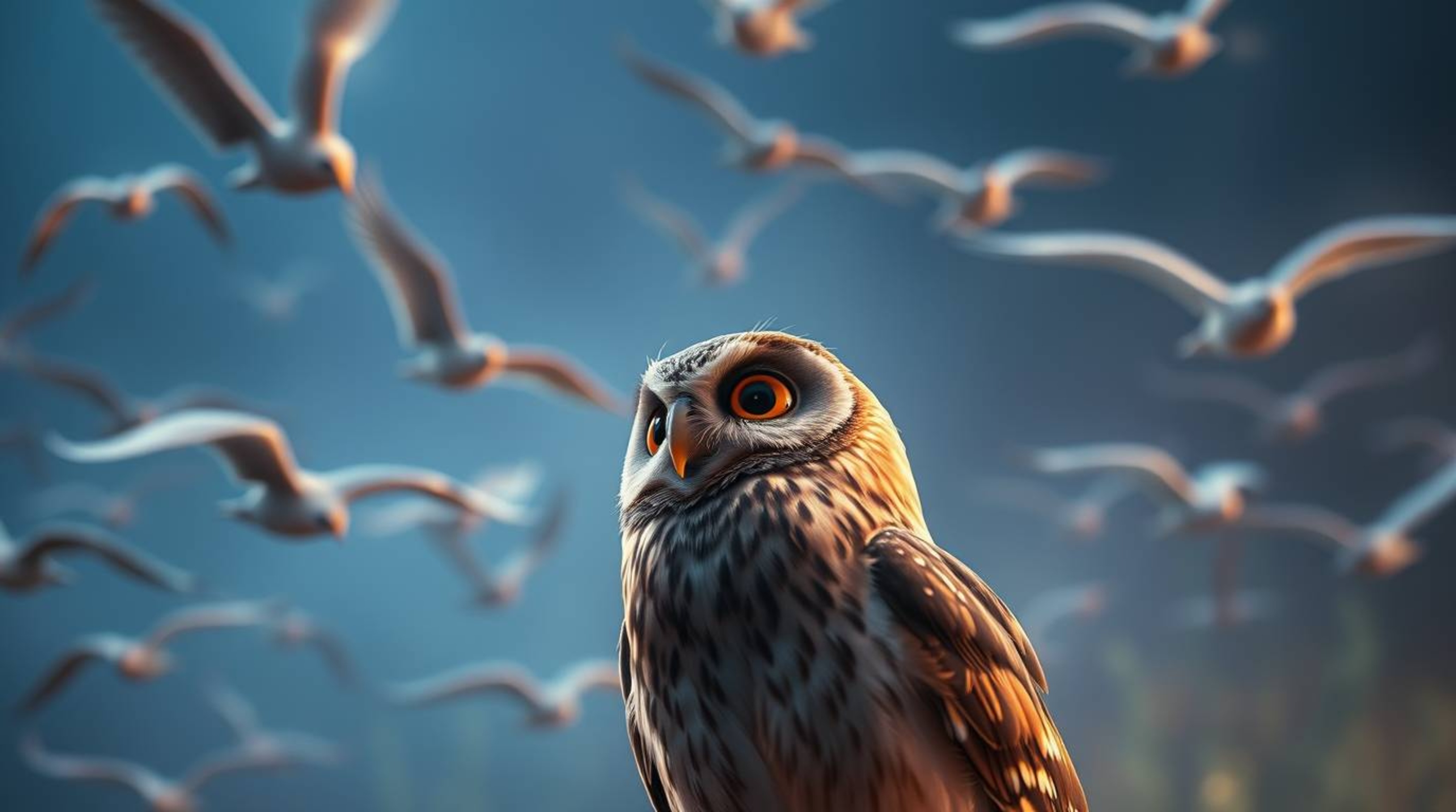 This stunning long-exposure photograph, created in a heartwarming Pixar style, features a blind owl with soft, brown feathers