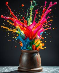 This captivating image features a vibrant explosion of colorful paint suspended in mid-air, meticulously captured with a high