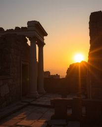 A warm golden glow gently illuminates ancient stone ruins at sunset, casting soft, diffused shadows. This piece creates a rad