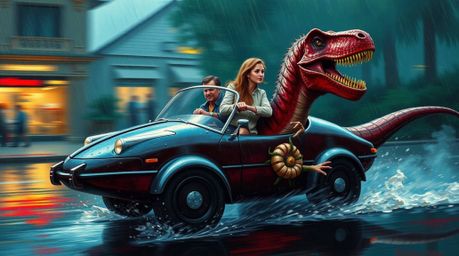 A sophisticated and elegant abstract painting depicts a prehistoric family enjoying a thrilling ride in a dinosaur-shaped car