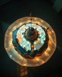 Overhead bird's-eye view captures a creative light art piece depicting a surreal floating island adorned with strange archite