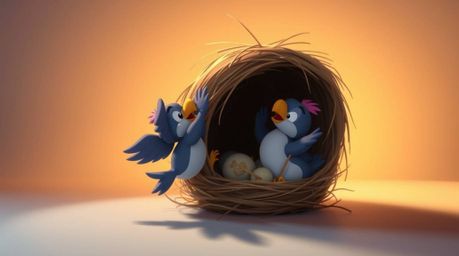 Witness the charming dynamic motion of two cartoon birds diligently building a nest in a classic animation style.  The scene 