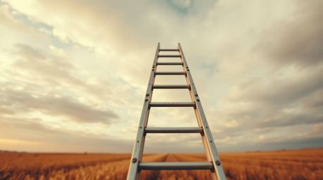 A captivating image depicting a silver ladder in a vast open field under a dramatic cloudy sky.  This minimalist scene serves