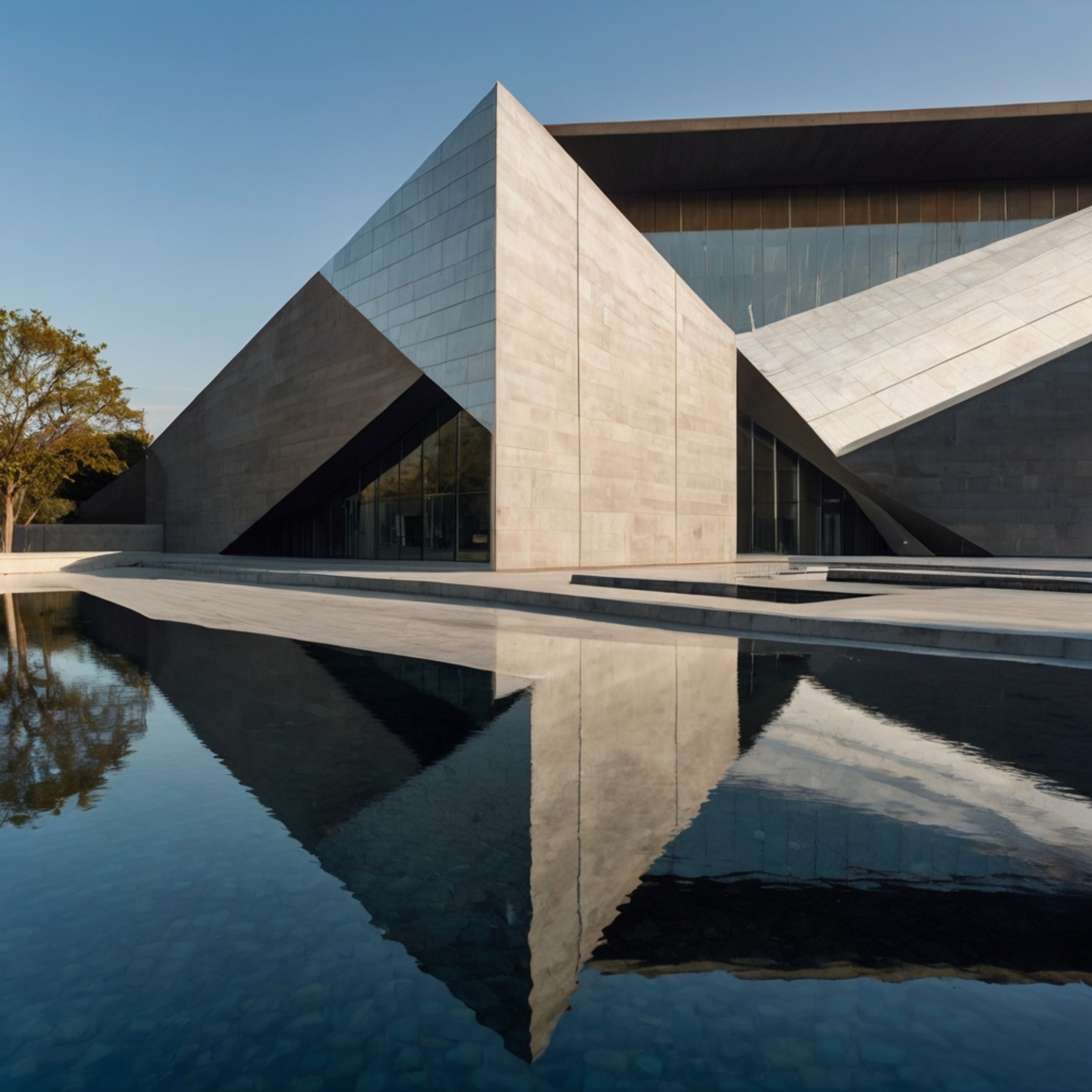 Explore a sleek modern art museum featuring sharp geometric angles and a stunning outdoor space. The building is complemented