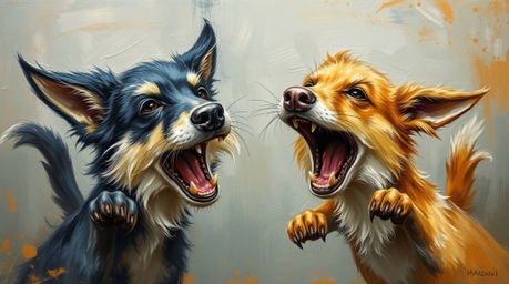 A captivating classic oil painting showcases a duo of talking animals engaged in playful mischief.  The artwork features dyna