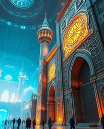 Experience a visually stunning fusion of future and history with this artwork. Featuring a grand scale and bright, vibrant co