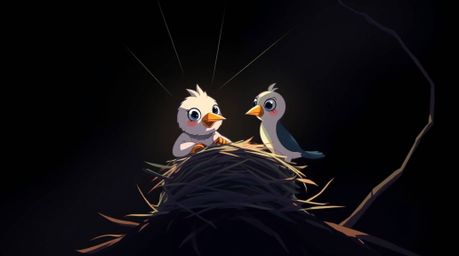 A captivating illustration in the style of an Isekai anime depicts two cartoon birds meticulously constructing their nest. R