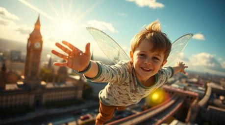 A captivating image of a young boy soaring above London, empowered by pixie dust and bathed in vibrant light. The scene burst