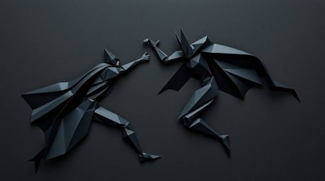 An intricate origami style illustration showcases a superhero with a cape locked in battle against a silly villain. Rendered 