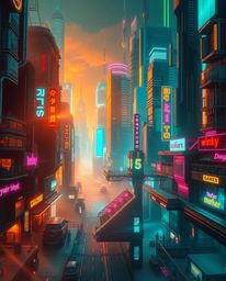 Immerse yourself in a luxurious and vibrant futuristic cityscape, a cyberpunk environment bathed in the warm glow of golden h