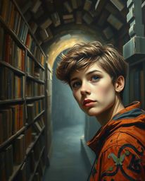 An evocative oil painting depicts a person's captivating discovery of a hidden underground library. The artwork features a bl
