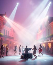 Imagine a gentle and soothing musical performance in a bright town square, rendered in soft pastel colors with volumetric lig