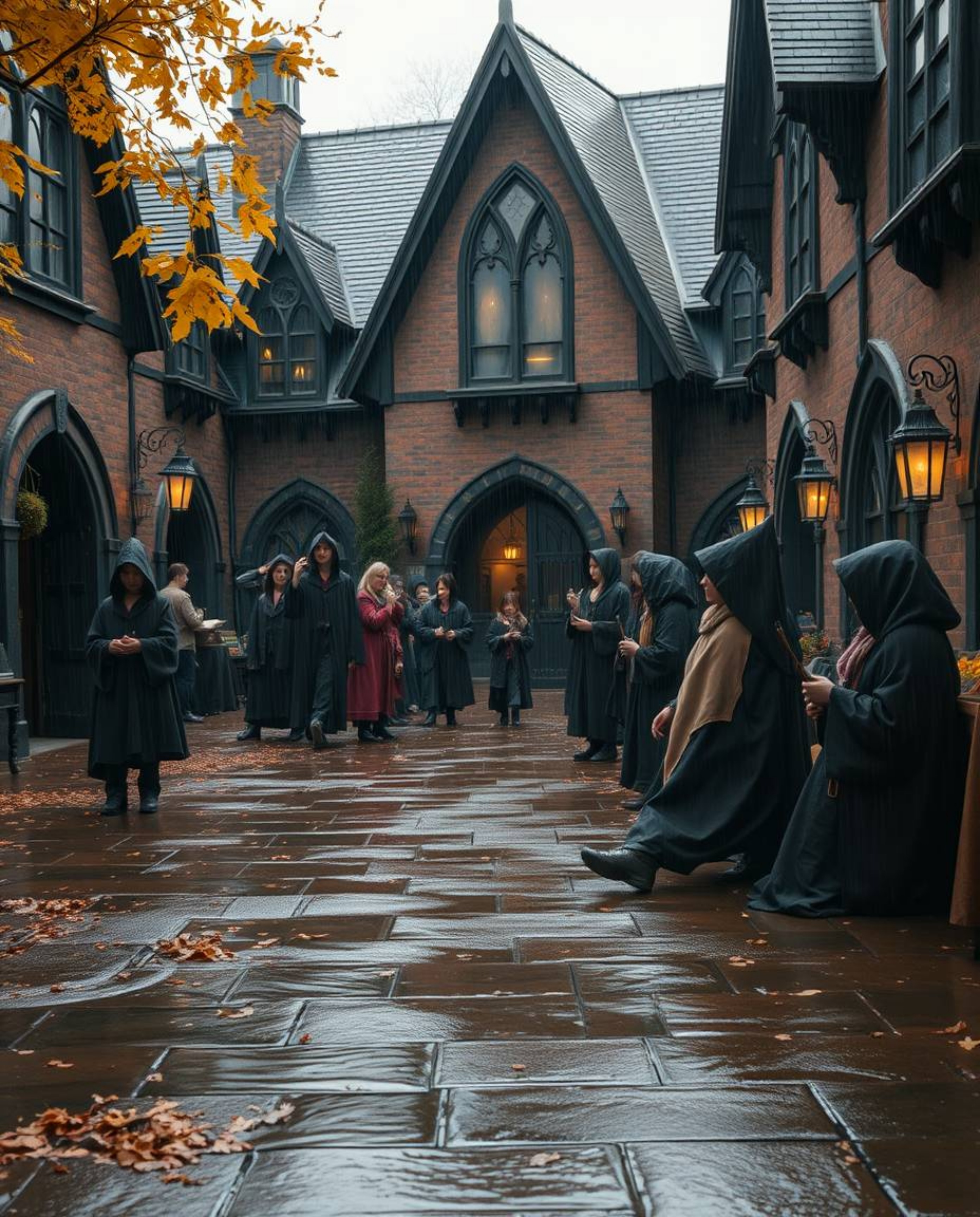 Discover a captivating autumn scene at a magical school brimming with young wizards.  Experience the enchanting ambiance of w