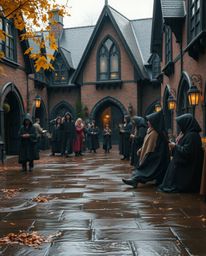 Discover a captivating autumn scene at a magical school brimming with young wizards.  Experience the enchanting ambiance of w