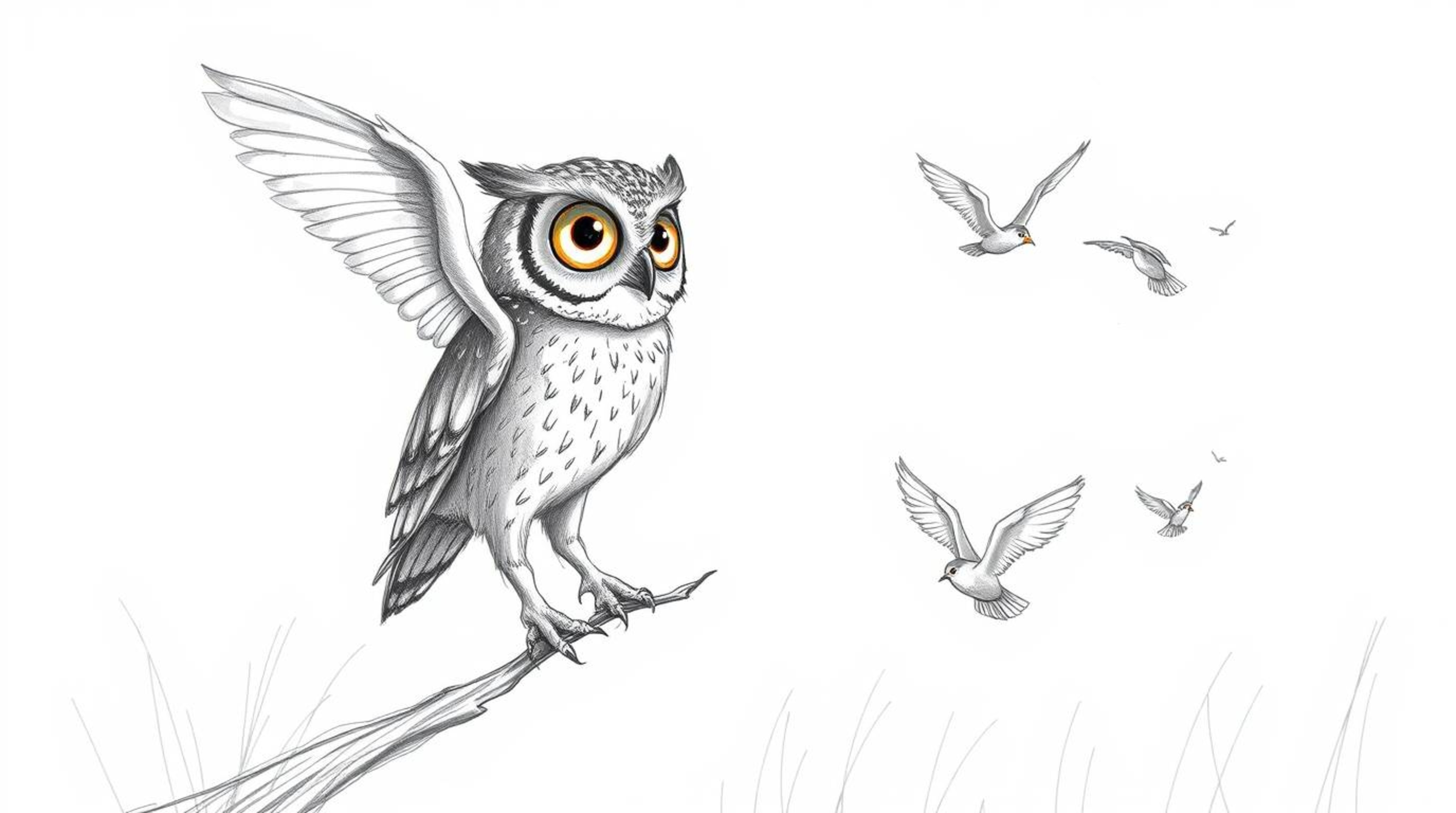 A charming Pixar-style hand-drawn sketch depicts a blind owl, its feathers meticulously detailed with textured pencil strokes