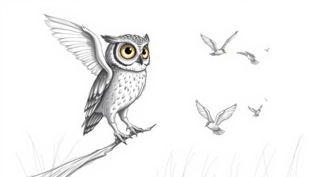 A charming Pixar-style hand-drawn sketch depicts a blind owl, its feathers meticulously detailed with textured pencil strokes