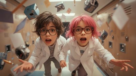 A vibrant, cinematic photograph in a whimsical, Pixar-inspired style captures a dynamic duo of young scientists—a boy with th