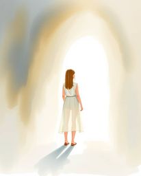 A captivating watercolor painting depicts a figure in soft pastel clothing standing at a tunnel's entrance, gazing at the lig