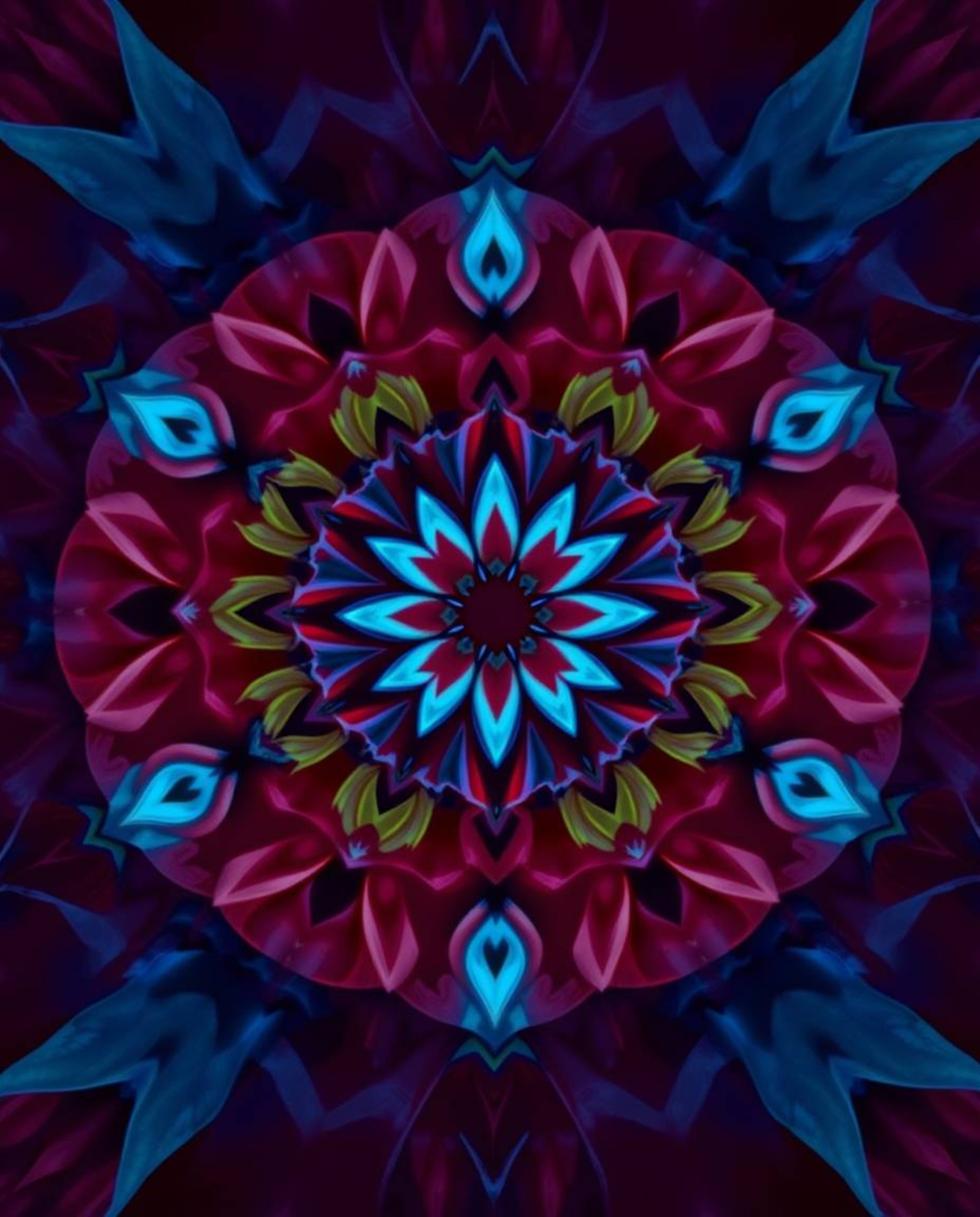 Explore the enchanting allure of a geometric floral mandala rendered in rich burgundy and deep blue hues. This vibrant, symme