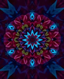 Explore the enchanting allure of a geometric floral mandala rendered in rich burgundy and deep blue hues. This vibrant, symme