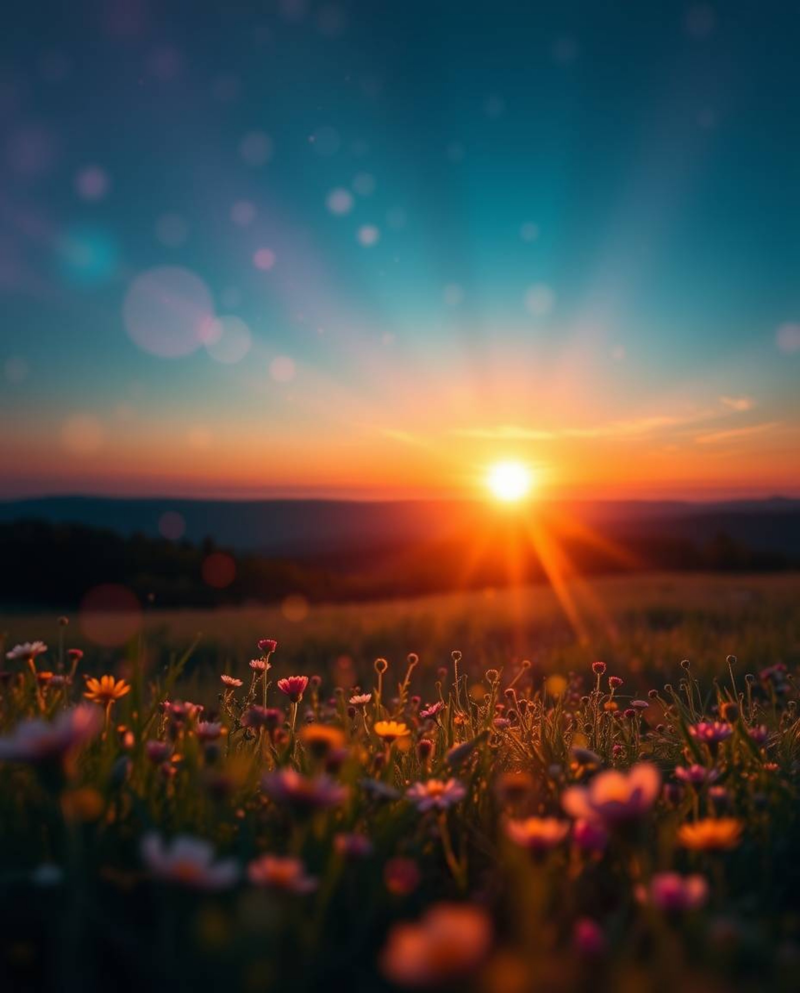 A creative light art piece depicting a spring sunset over a wildflower meadow, designed to evoke an ethereal and spiritual vi