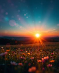 A creative light art piece depicting a spring sunset over a wildflower meadow, designed to evoke an ethereal and spiritual vi