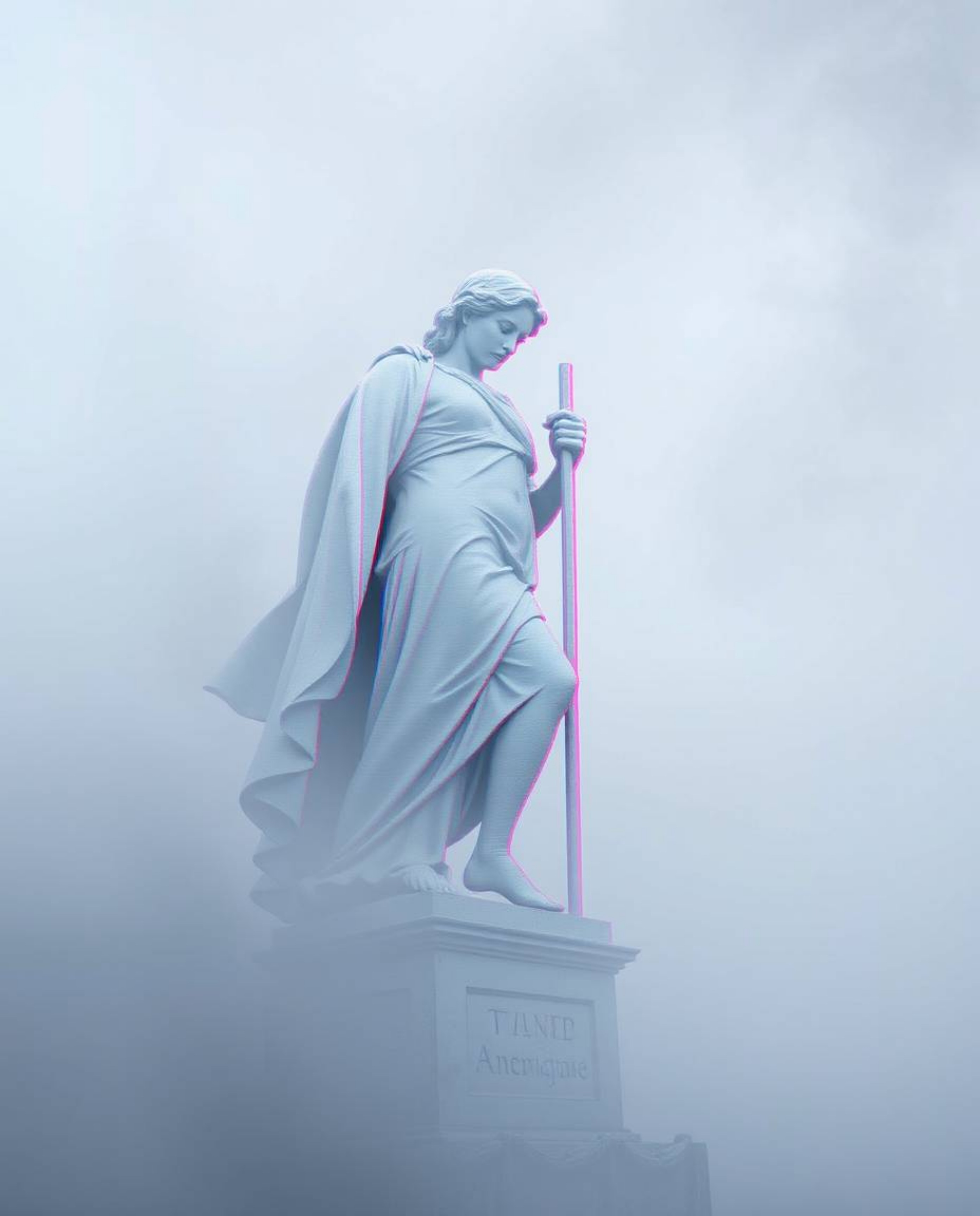 Explore a captivating fusion of classic and contemporary with this artwork showcasing a classical sculpture disrupted by a vi
