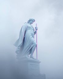 Explore a captivating fusion of classic and contemporary with this artwork showcasing a classical sculpture disrupted by a vi
