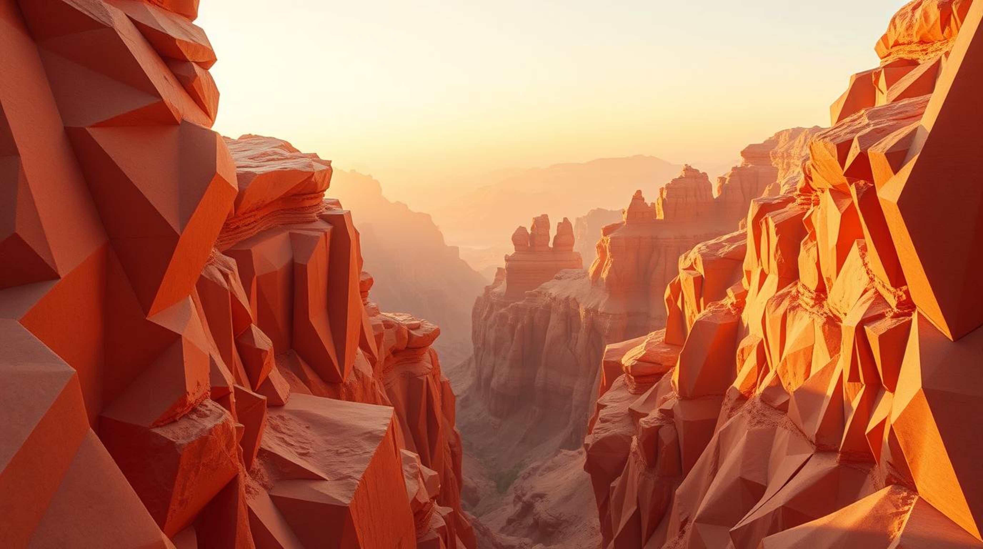 Experience a serene, dreamlike landscape of a rocky canyon bathed in warm sunset hues, rendered in a meticulous origami style